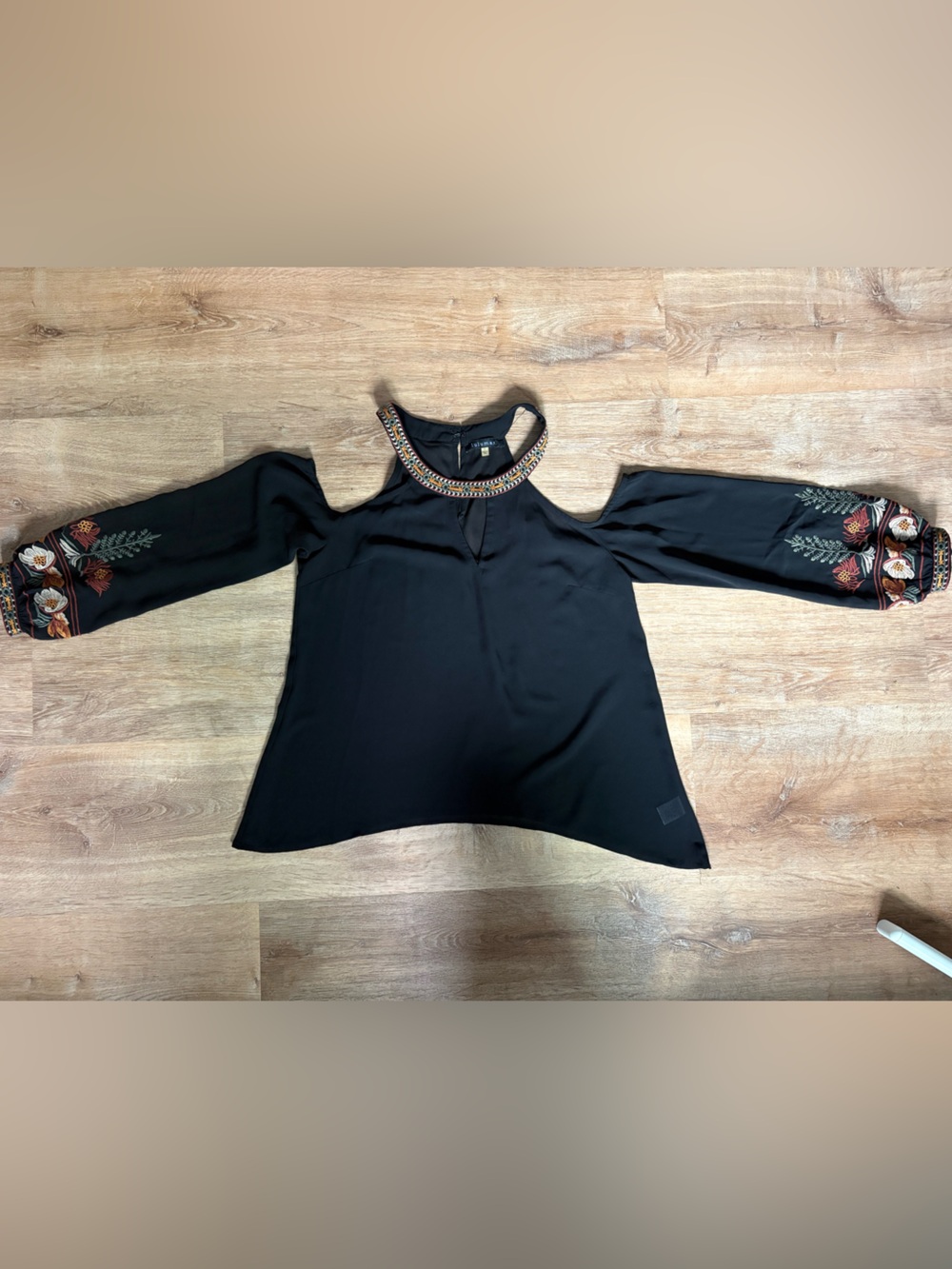 Embroidered Cold-Shoulder Black Women's Top